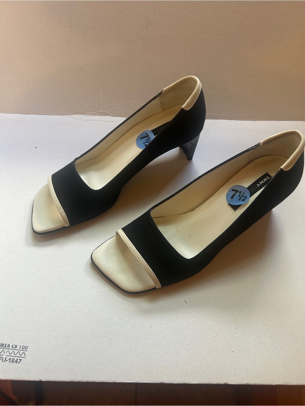 DKNY Black and Cream Open-Toe Mid-Heel Pumps